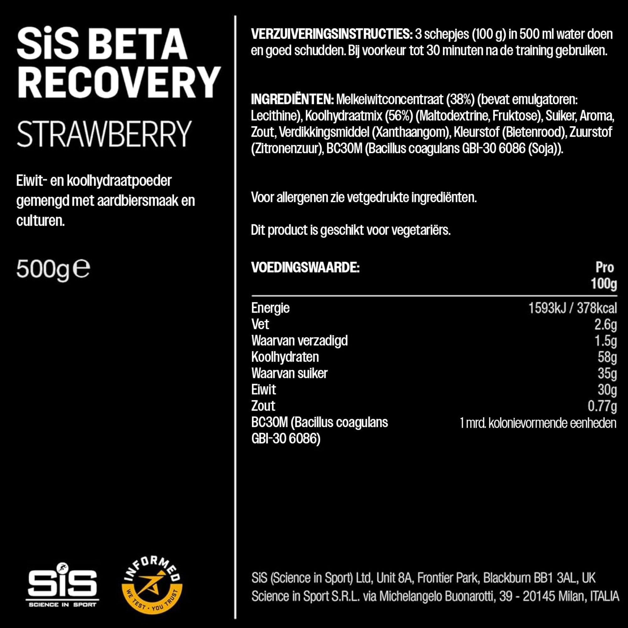 #Inhoud_500g Voedingswaarden en ingrediënten SiS BETA Recovery Aardbei 500g herstelshake met wei-eiwit en BC30 probiotica