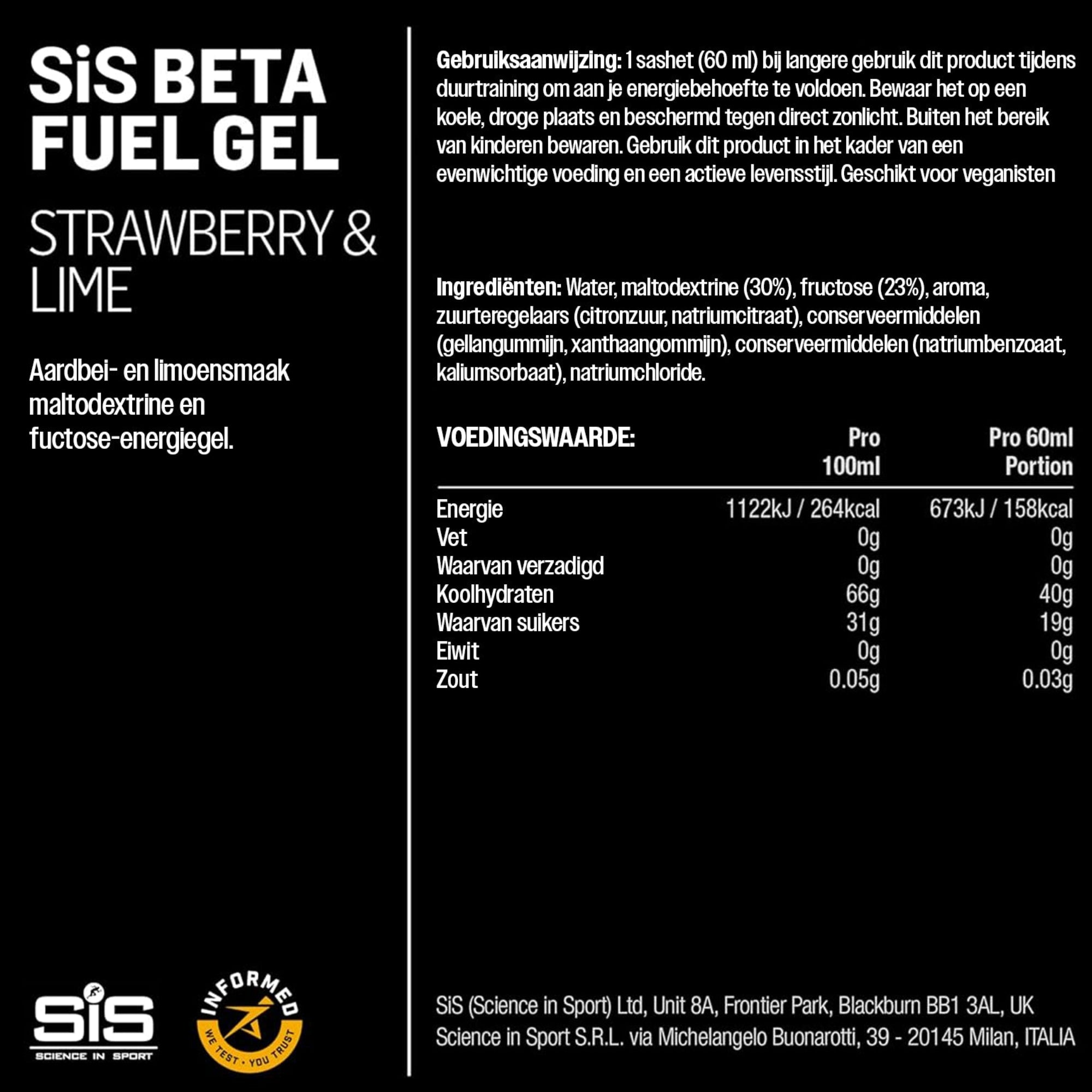 SiS Beta Fuel Gel Strawberry & Lime ingrediënten en voedingswaarden