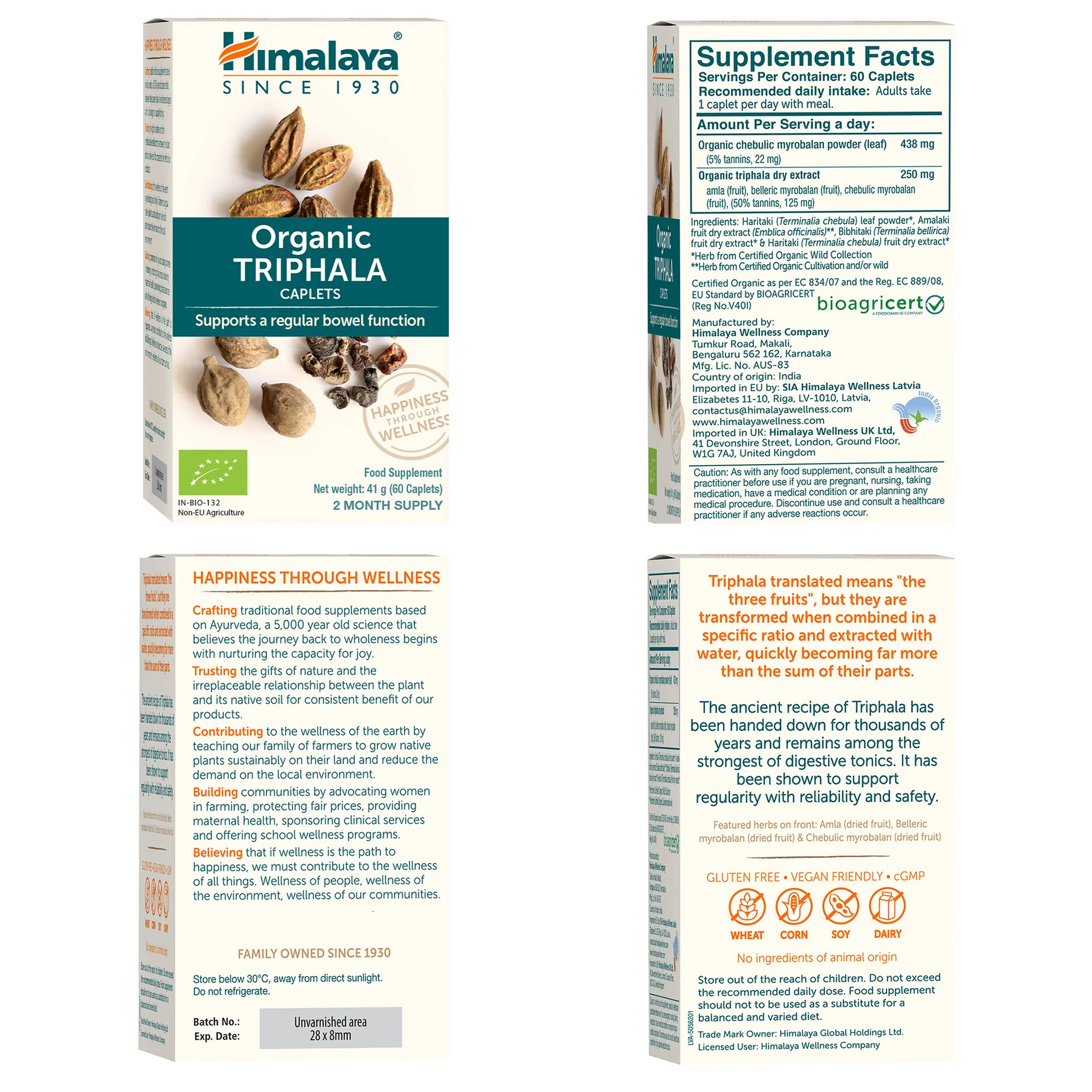 Himalaya Organic Triphala verpakking met supplement facts op alle zijden