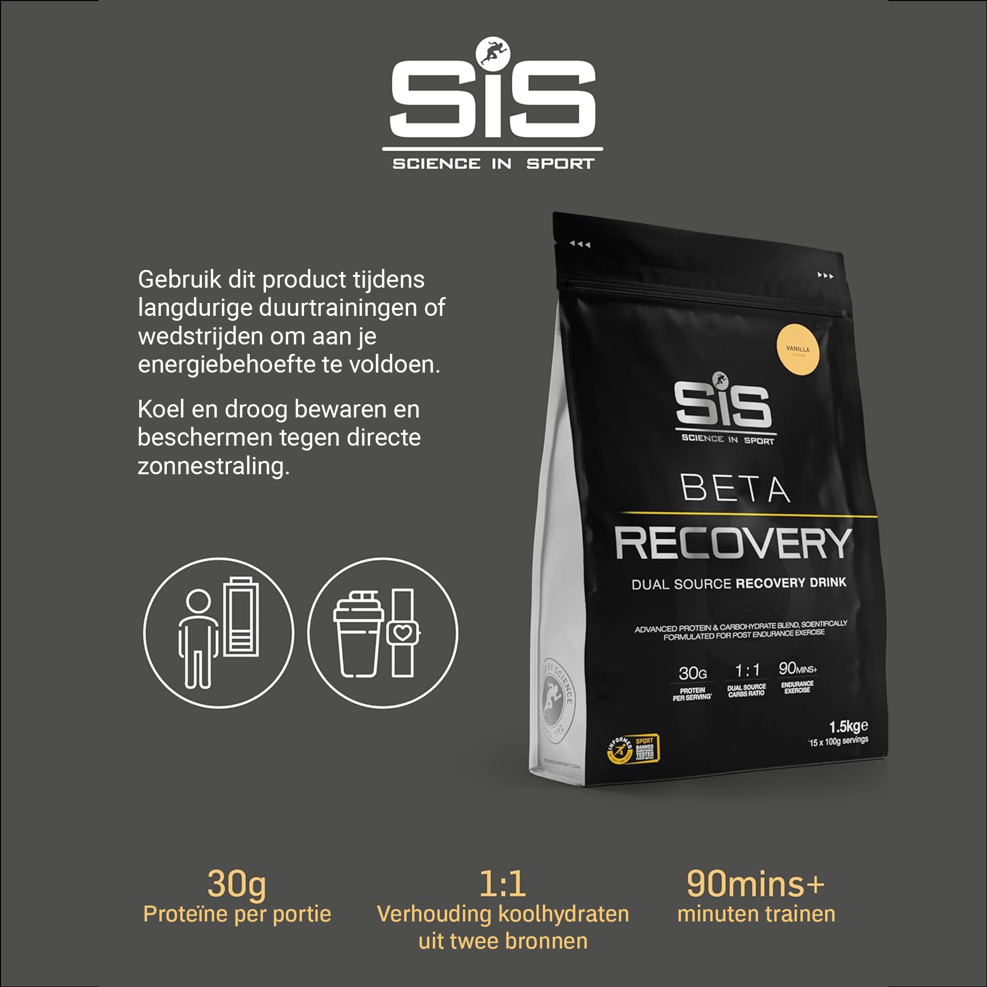 #Inhoud_1500g Gebruiksaanwijzing SiS BETA Recovery Vanille 1.5kg voor duurtraining met 30g eiwit en 1:1 koolhydraten