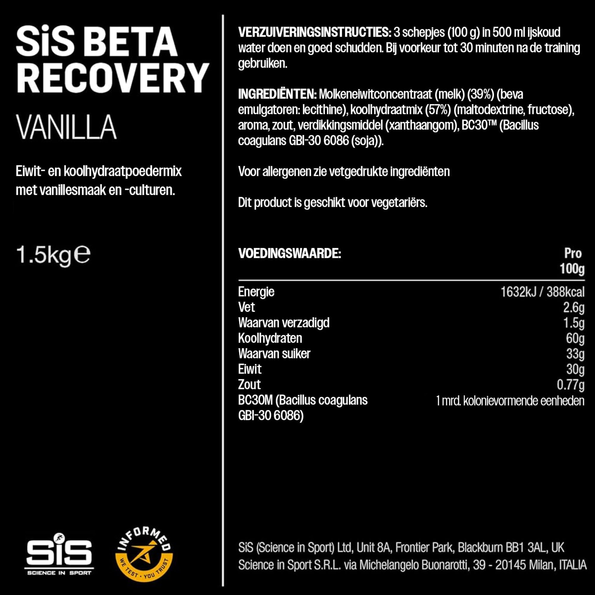 #Inhoud_1500g Voedingswaarden en ingrediënten SiS BETA Recovery Vanille 1.5kg herstelshake met 30g eiwit per portie
