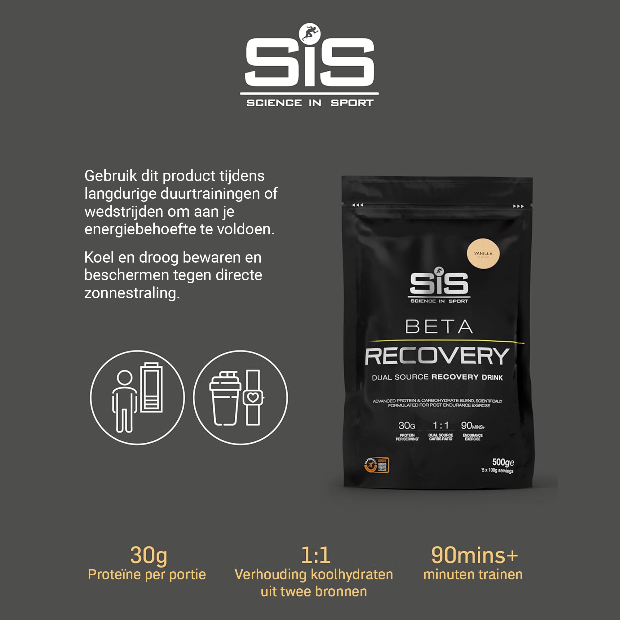 #Inhoud_500g SiS BETA Recovery Vanille 500g met 60g koolhydraten en 30g wei-eiwit voor compleet spierherstel