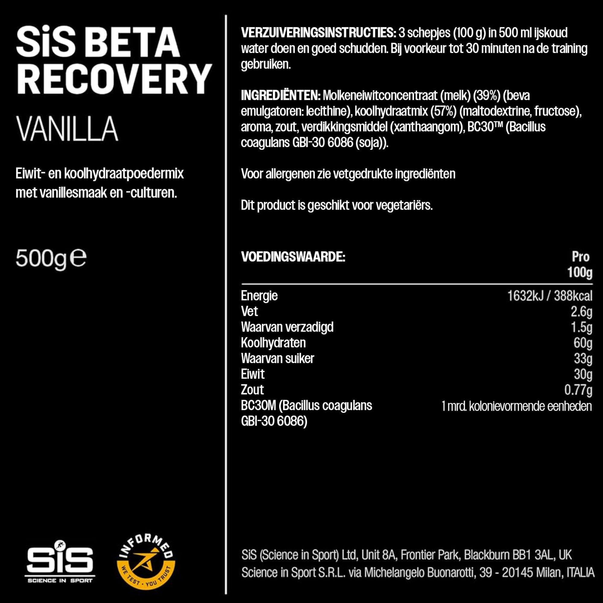 #Inhoud_500g Voedingswaarden en ingrediënten SiS BETA Recovery Vanille 500g herstelshake met wei-eiwit en BC30 probiotica