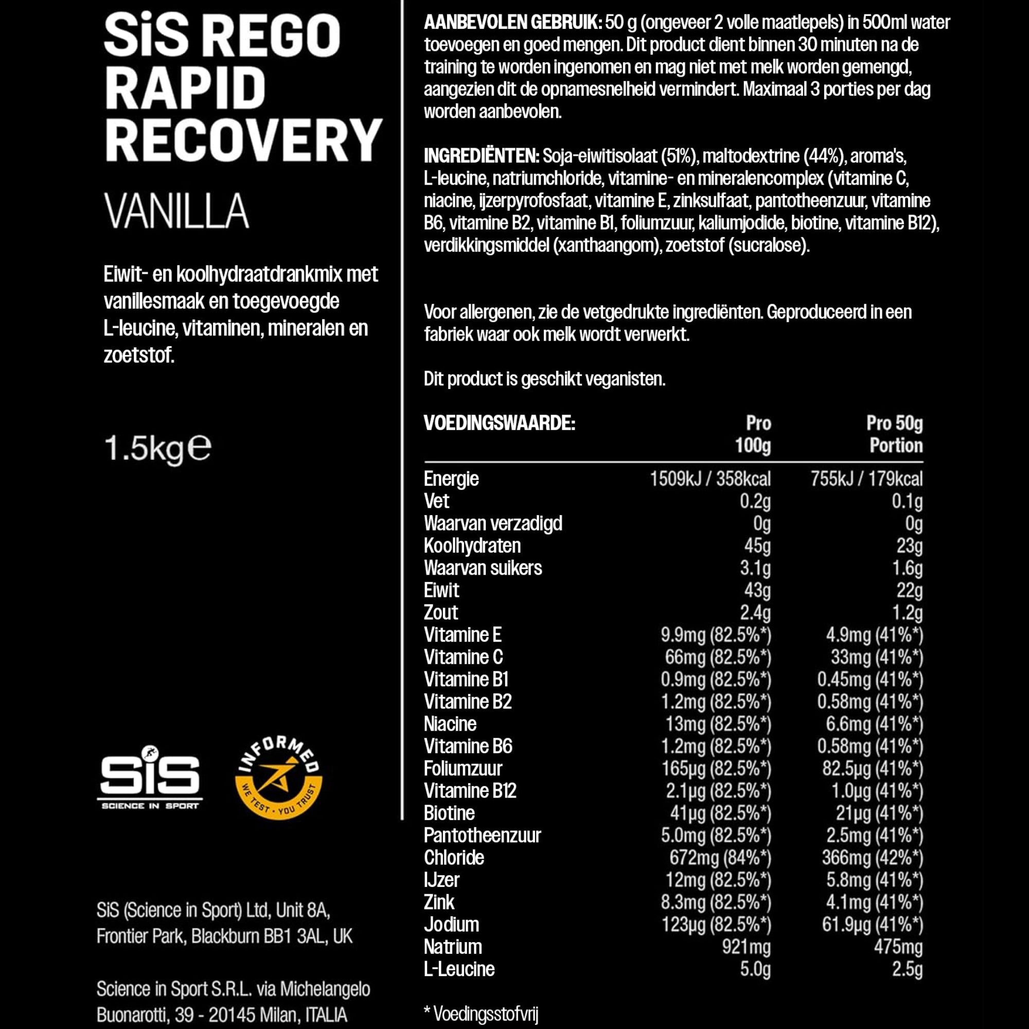 SiS REGO Rapid Recovery Drink Vanille - koolhydraten en proteïne voor herstel #Inhoud_1500g