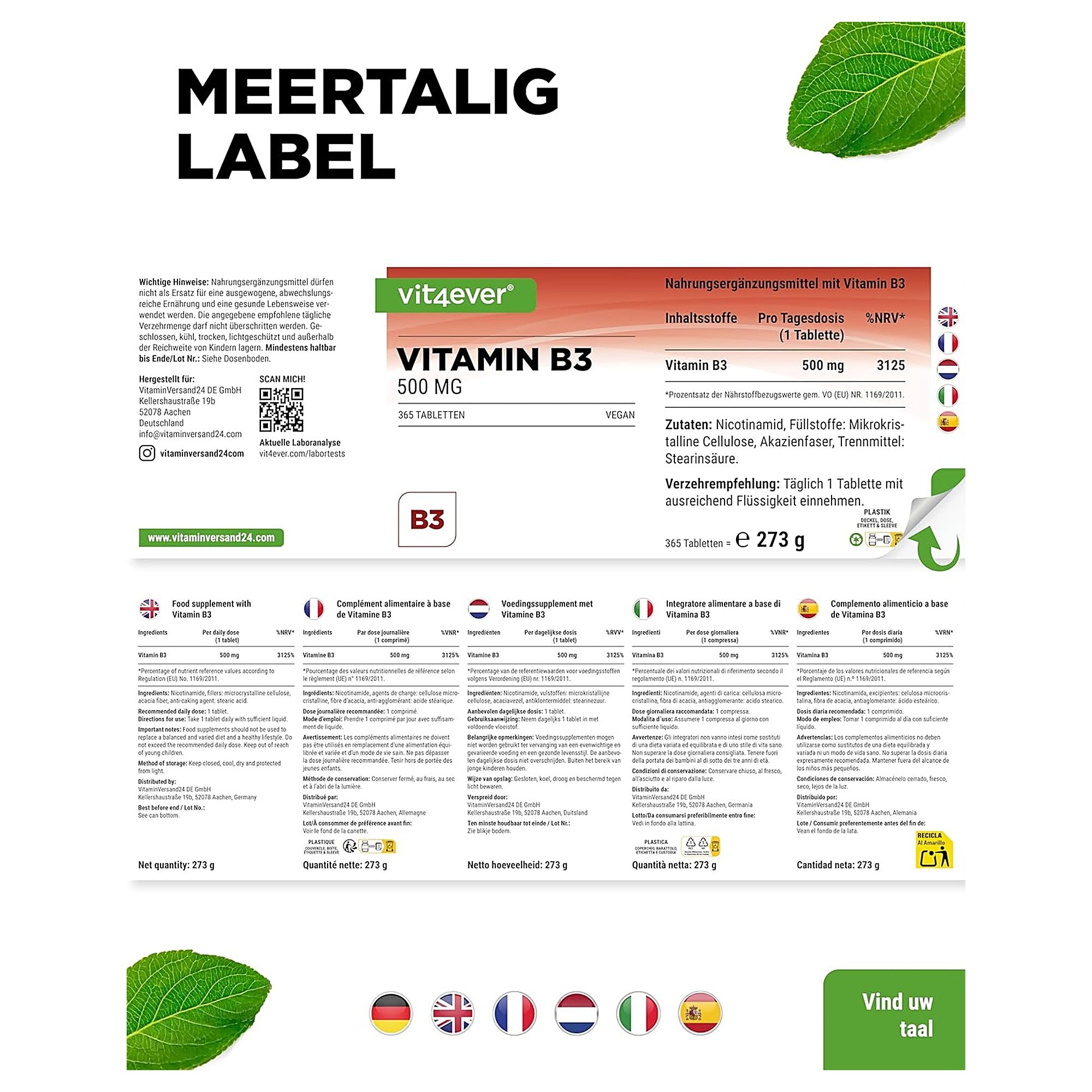 Vitamine B3 meertalig label