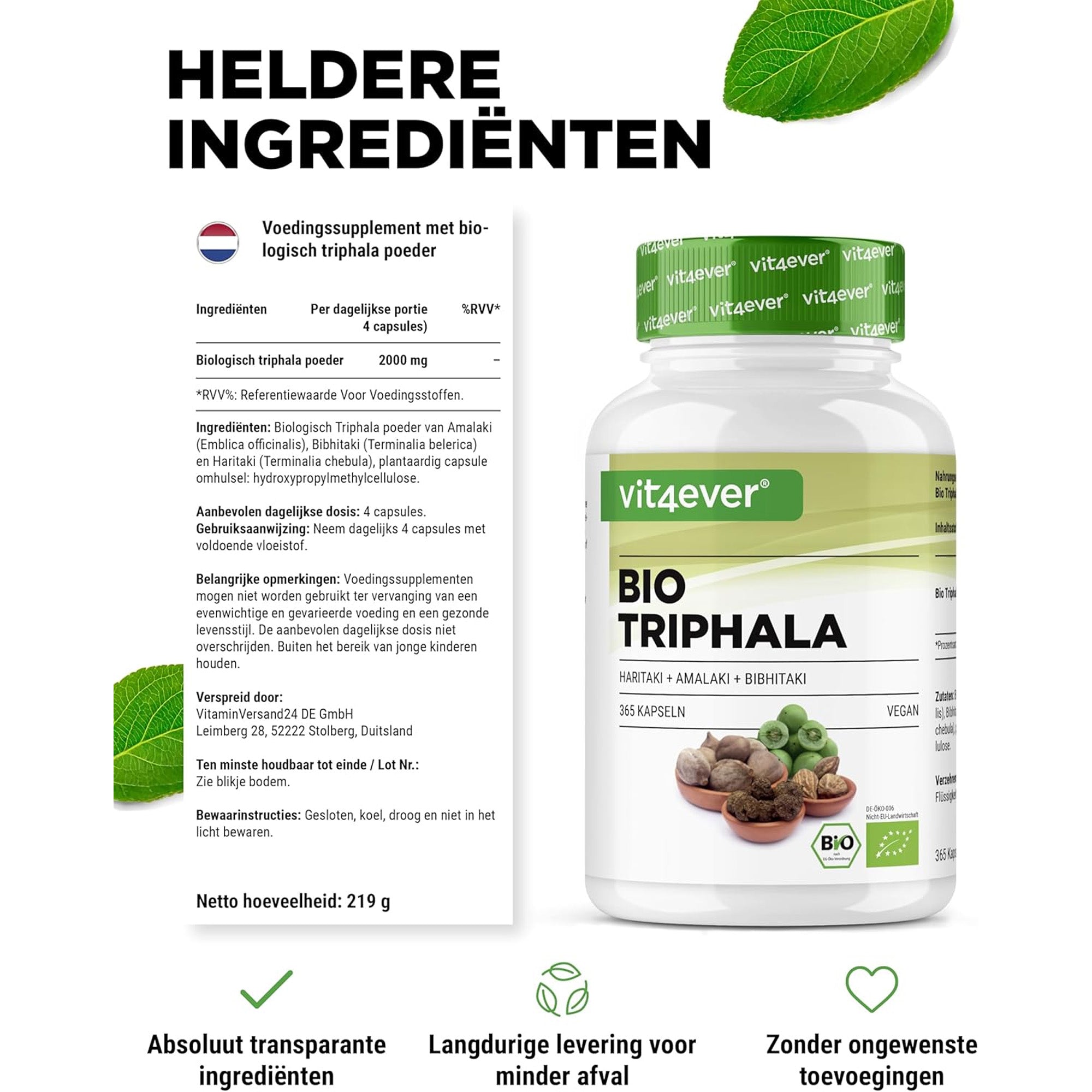 Bio Triphala uit de drie Myrobalane-vruchten Amalaki, Bibhitaki & Haritaki  | 365 capsules | Vit4ever