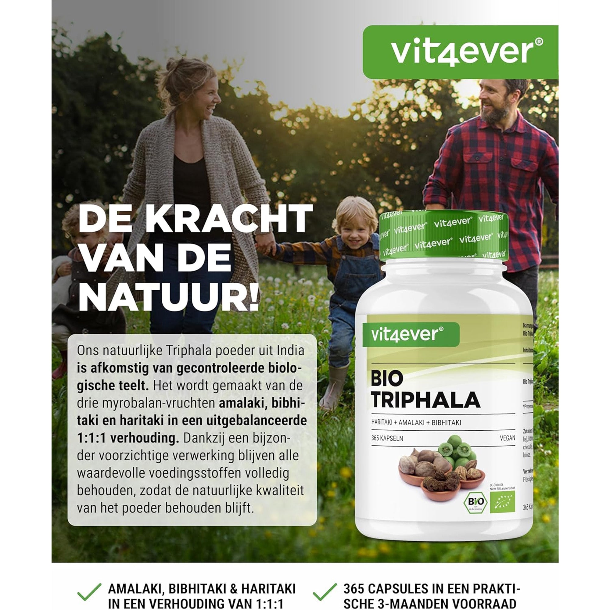 Bio Triphala uit de drie Myrobalane-vruchten Amalaki, Bibhitaki & Haritaki  | 365 capsules | Vit4ever