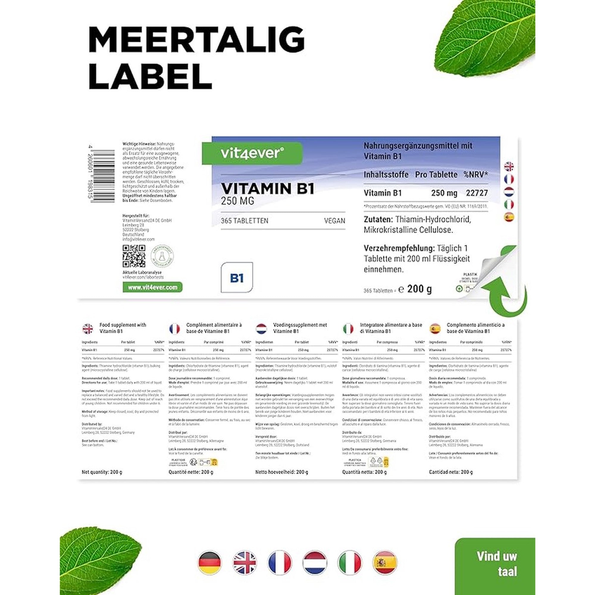Vitamine B1 (Thiamine) 250mg | 365 Tabletten | Vit4ever