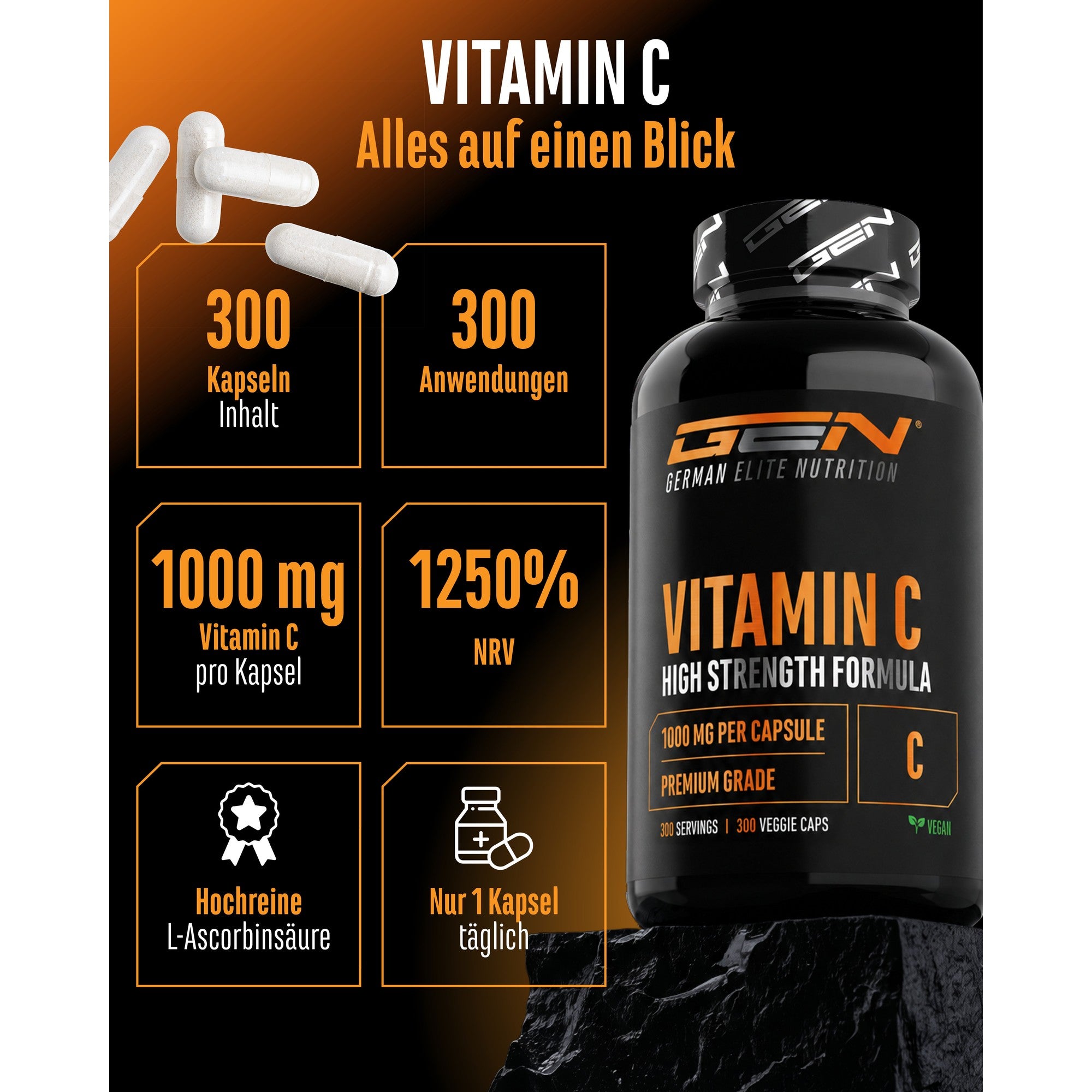 Vitamine C 1000mg etiket achterkant met ingredienten en dagdosering