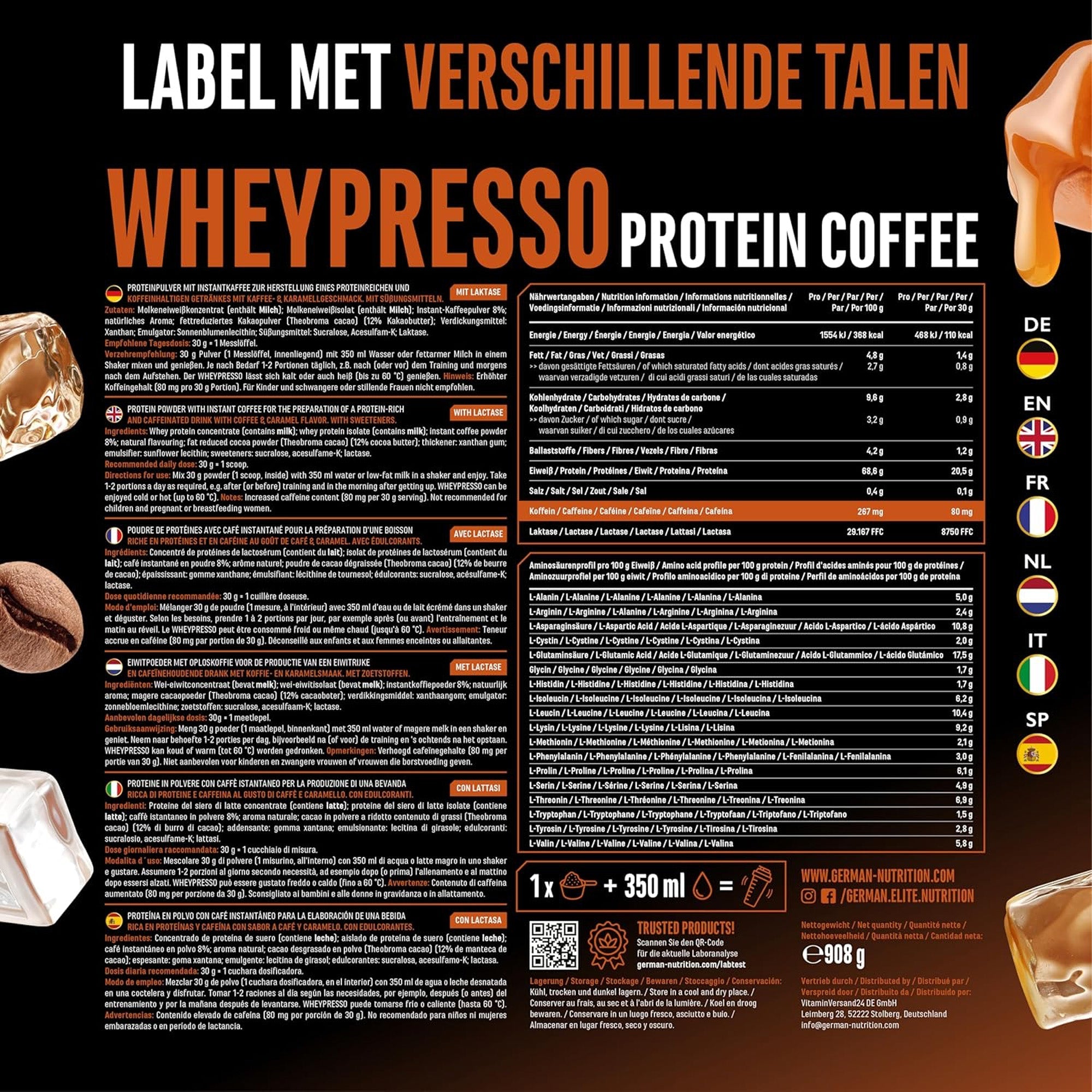 German Elite Nutrition Wheypresso Protein Coffee Karamel 908 g - sportsupplement van hoge zuiverheid