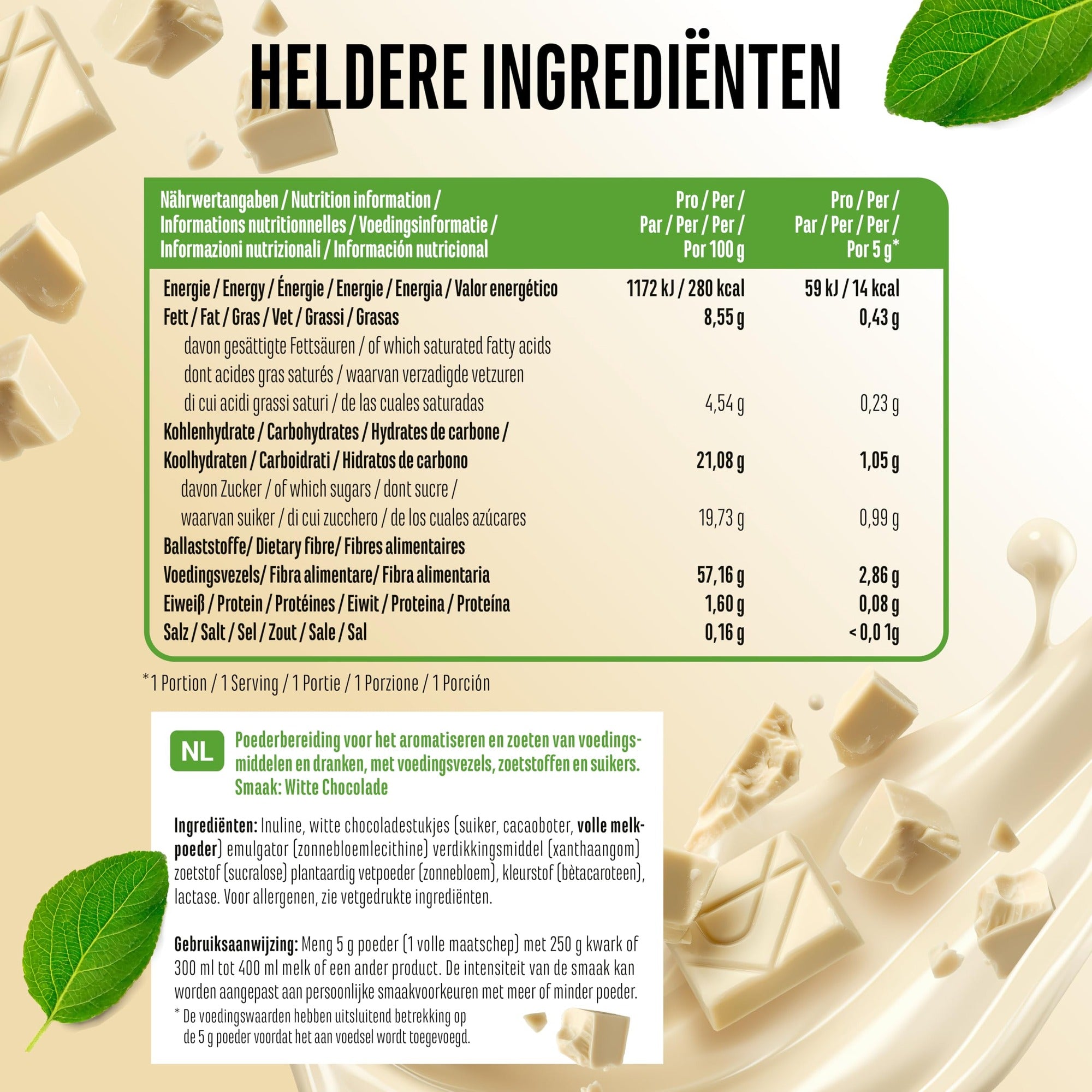 Voedingswaarden en ingrediënten Vit4ever Flavor Craft Witte chocolade smaakpoeder 250 g