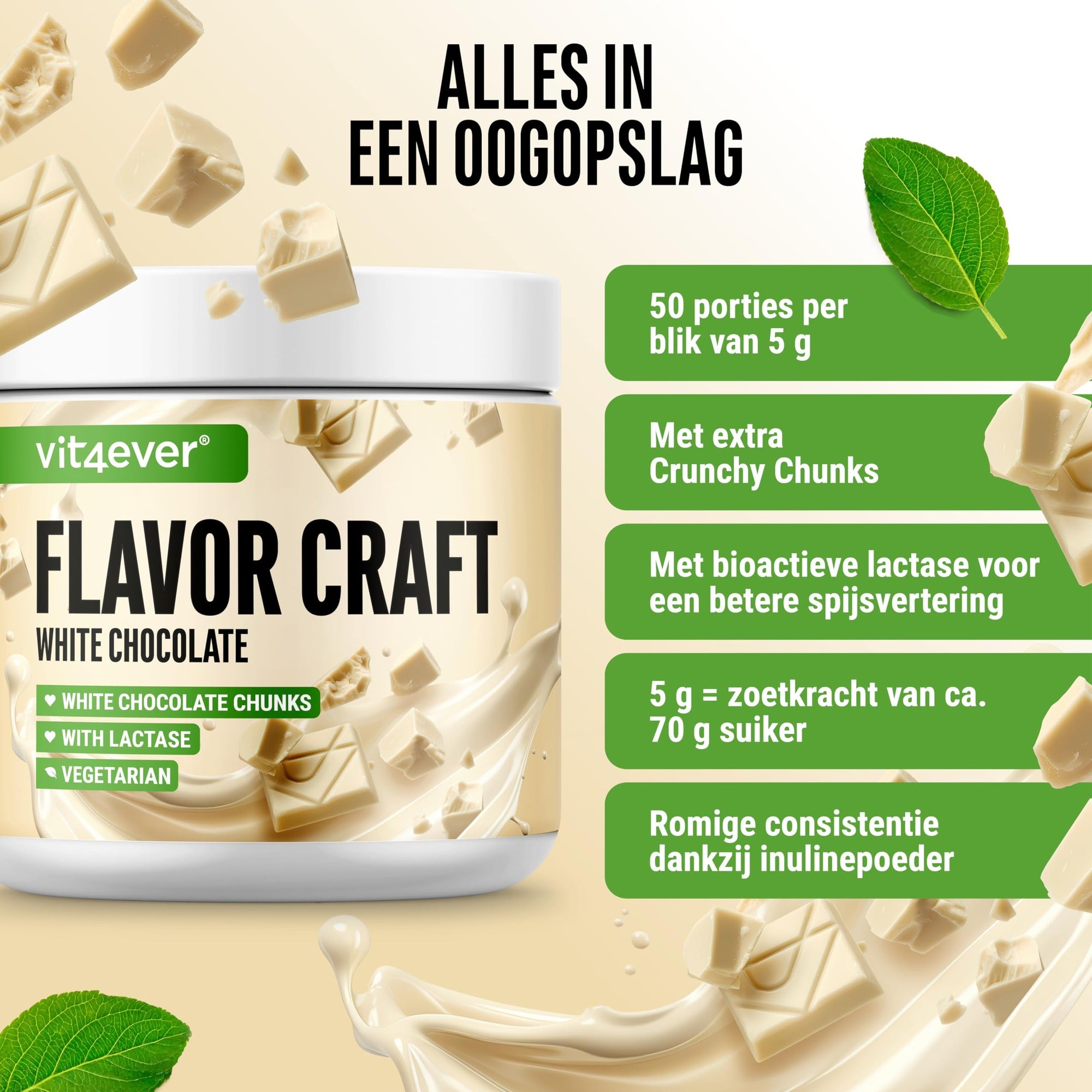 Etiket en ingrediënten Vit4ever Flavor Craft Witte chocolade smaakpoeder 250 g