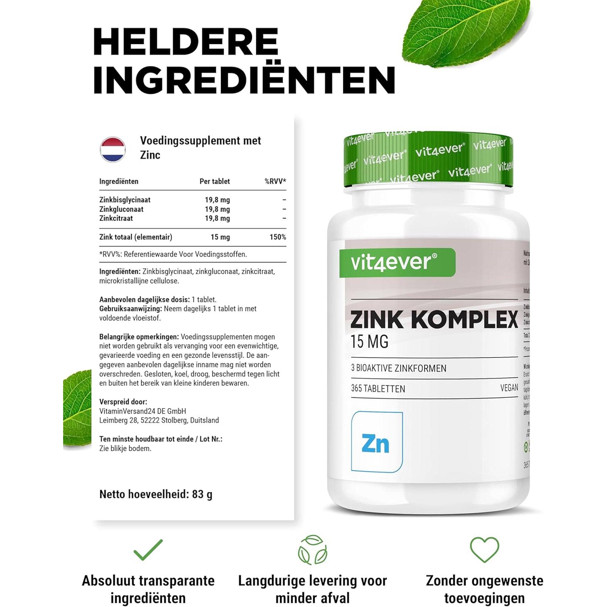 Zink Complex (zinkbisglycinaat, zinkcitraat en zinkgluconaat) | 15mg of 25mg | 365 tabletten | Vit4ever